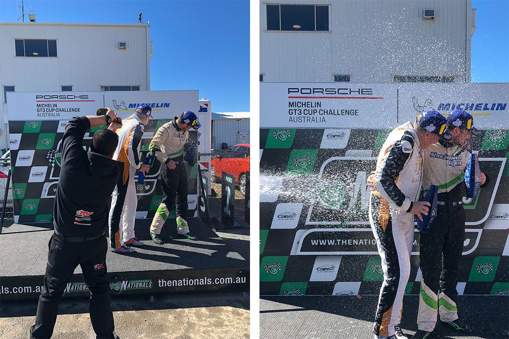 McElrea Racing drivers on the podium at Winton for round 5 of the 2018 Porsche GT3 Cup Challenge